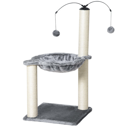 Cat Tree Tower for Indoor Cats w/ Sisal Scratching Post Hammock Toy Ball - Grey
